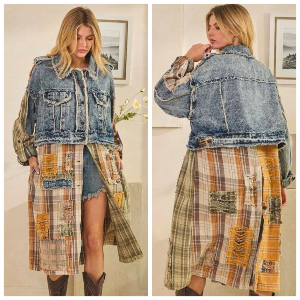 Oli & Hali Blue Jean Jacket with Plaid Patchwork
